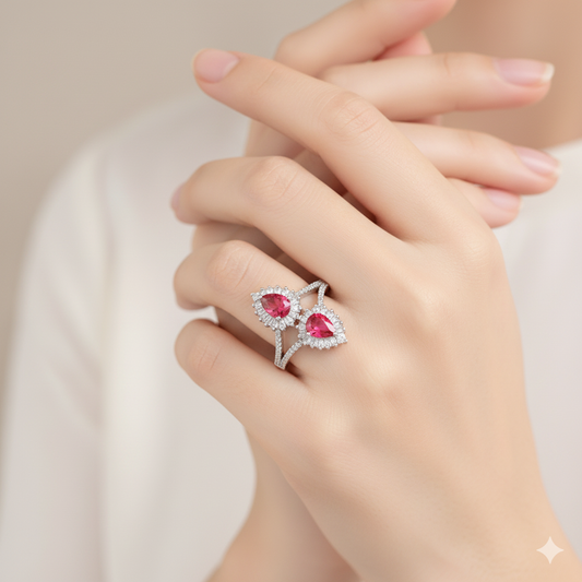 925 Sterling Silver Double Heart Red Stone Ring for Women | Adjustable Elegant Designer Ring I Hotilal Jewellers