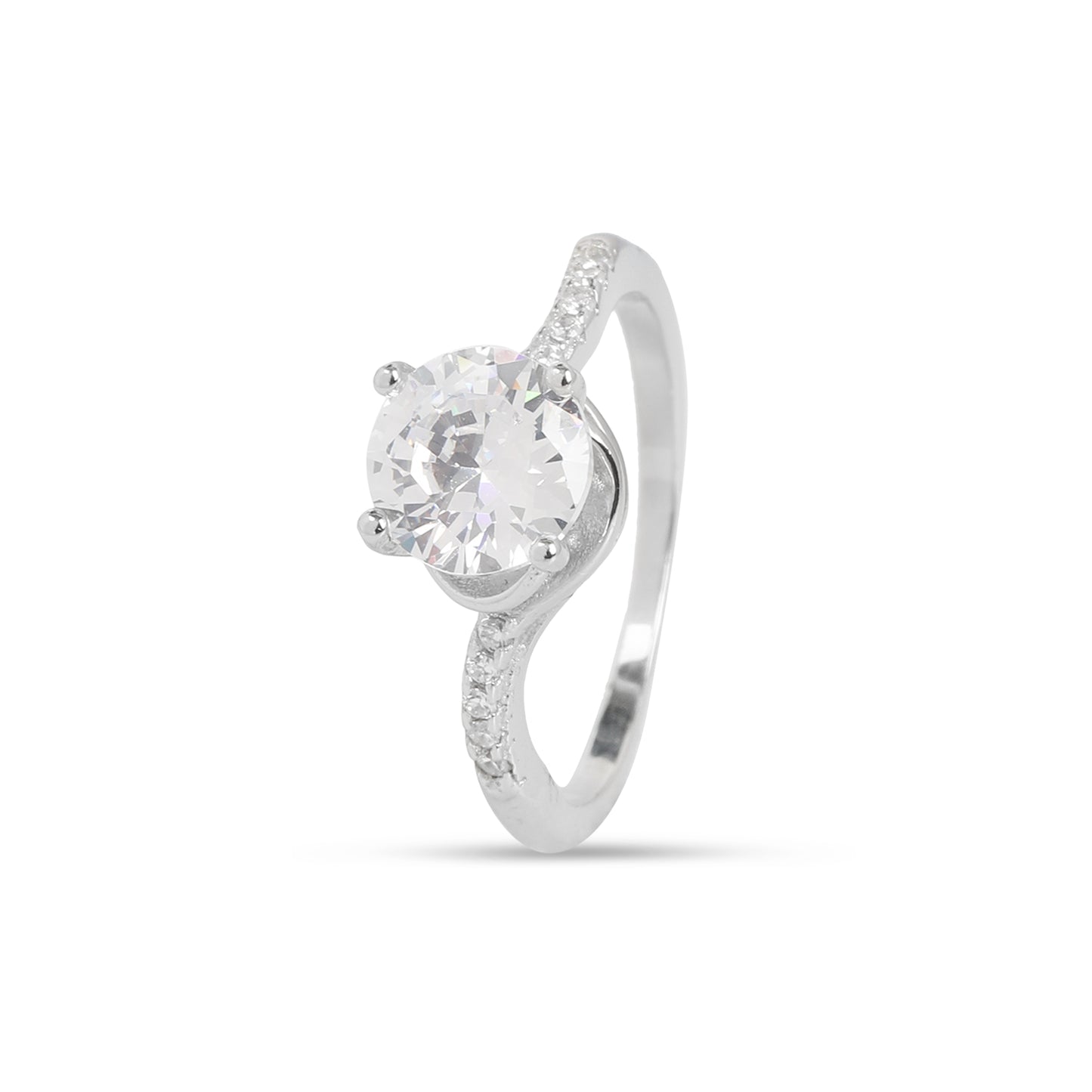 Elegant Solitaire Crystal Ring with Side Accents | Silver-Toned Engagement Ring for Women