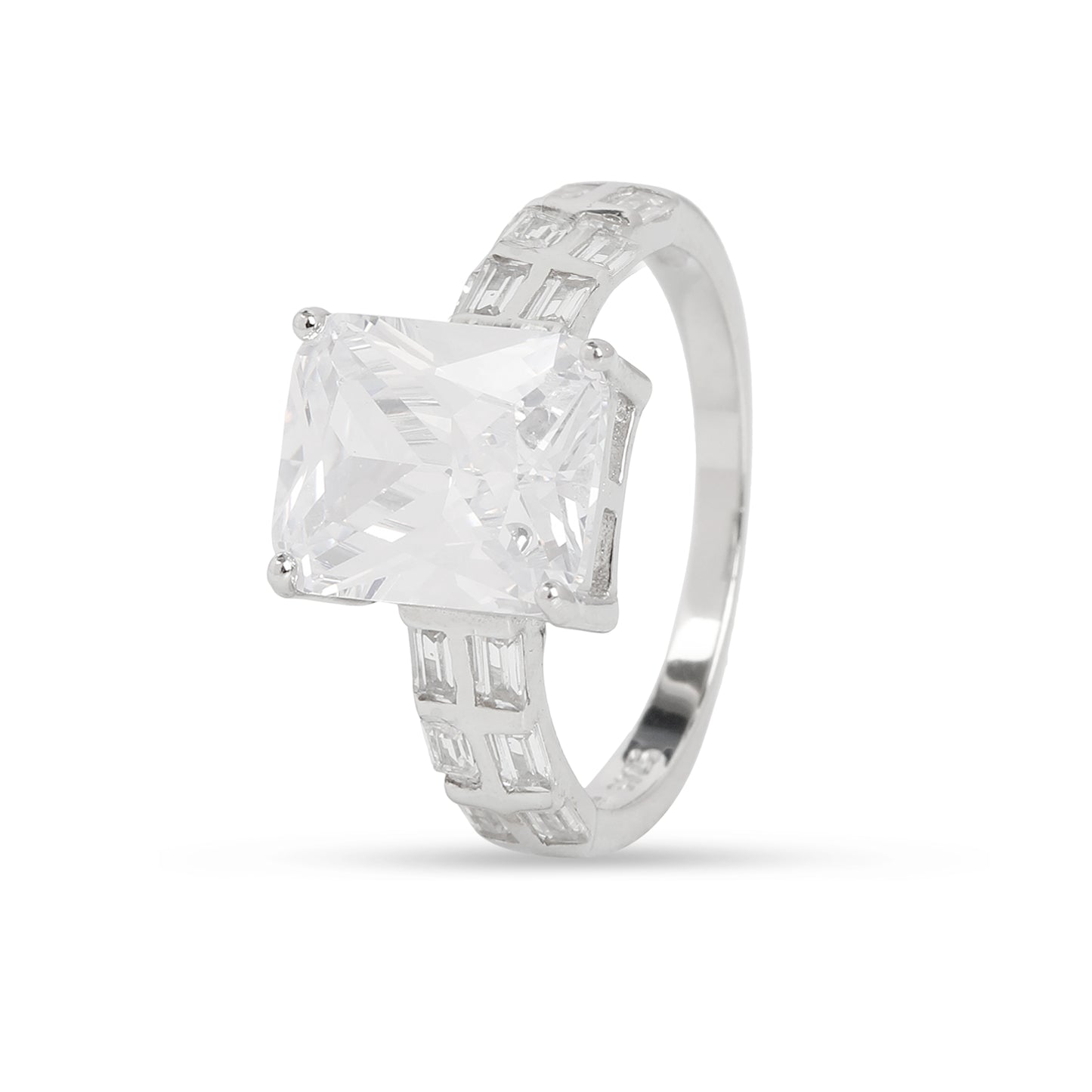 925 Sterling Silver Cushion Cut Solitaire Ring with Baguette Side Stones for Women | Statement CZ Diamond Look Ring