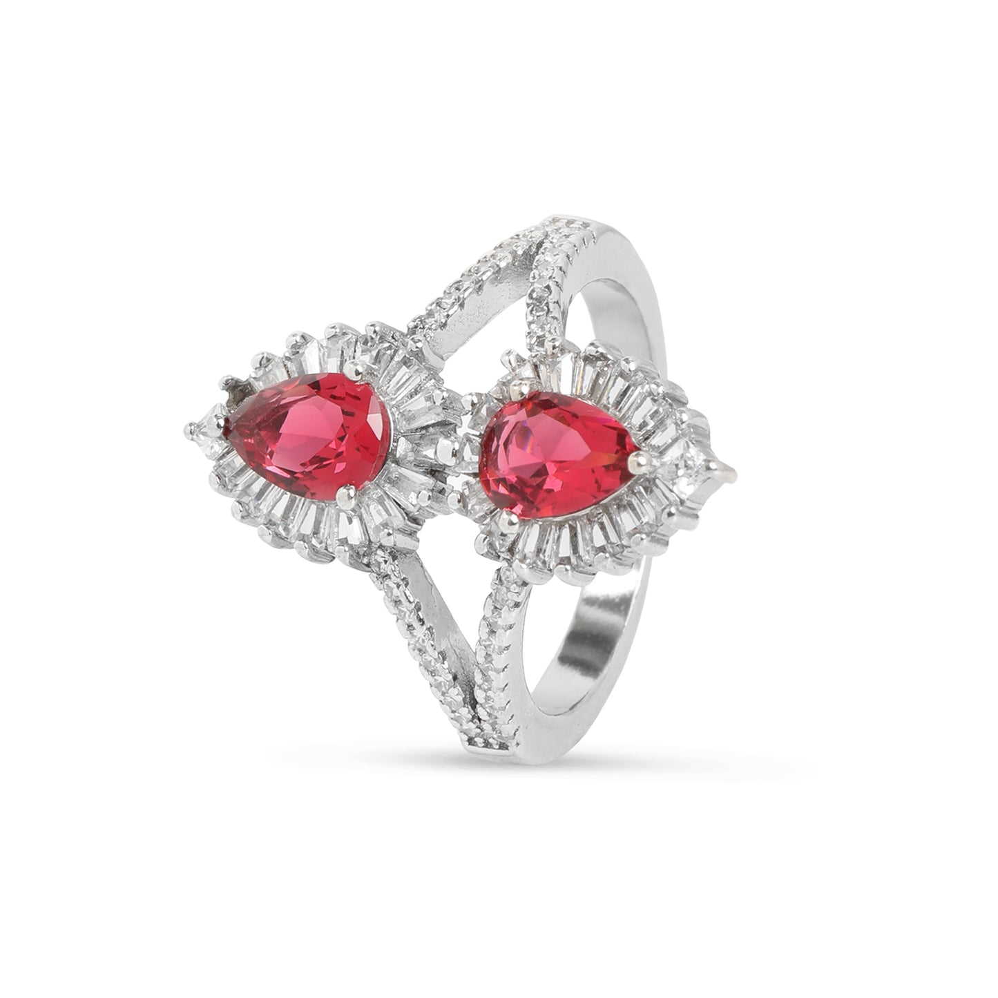 925 Sterling Silver Double Heart Red Stone Ring for Women | Adjustable Elegant Designer Ring I Hotilal Jewellers
