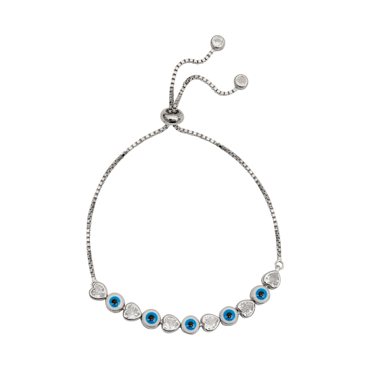 925 Sterling Silver Evil Eye & Heart CZ Adjustable Bracelet for Women & Girls | Blue Eye Protection Charm Bracelet