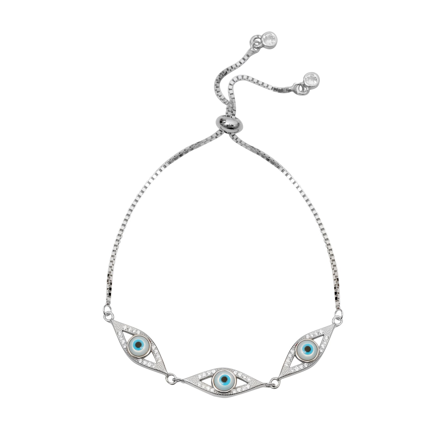 925 Sterling Silver Evil Eye Adjustable Bracelet with Blue CZ Stones for Women & Girls | Protection Charm Bracelet