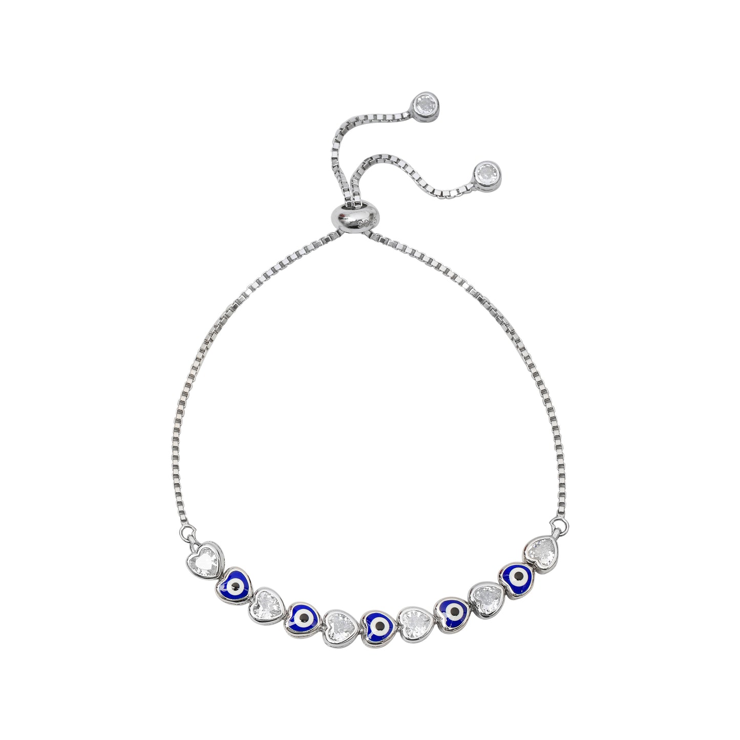 925 Sterling Silver Evil Eye Adjustable Bracelet with Cubic Zirconia Hearts for Women | Protection Charm Jewelry