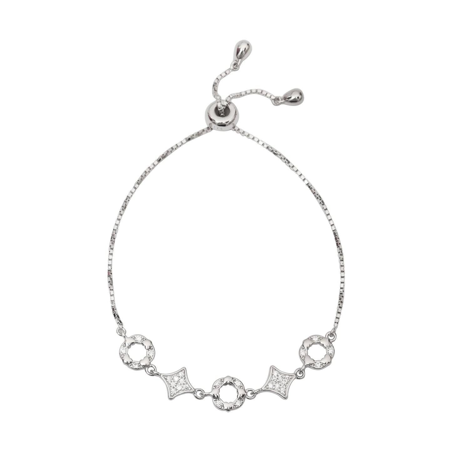925 Sterling Silver Adjustable Bracelet with Cubic Zirconia Geometric Charms | Elegant Slider Bracelet for Women