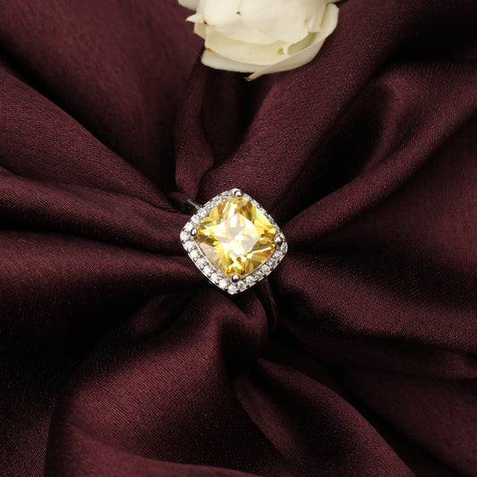 925 Sterling Silver Cushion Cut Yellow Stone Ring for Women | Elegant Halo Design with Cubic Zirconia