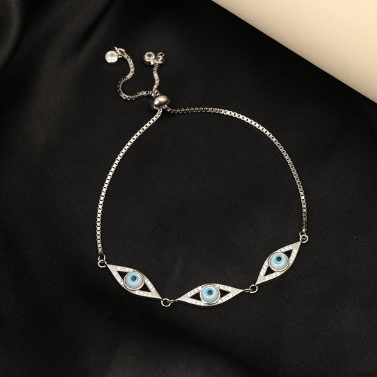 925 Sterling Silver Evil Eye Adjustable Bracelet with Blue CZ Stones for Women & Girls | Protection Charm Bracelet
