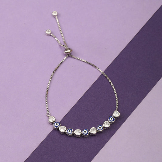 925 Sterling Silver Evil Eye Adjustable Bracelet with Cubic Zirconia Hearts for Women | Protection Charm Jewelry