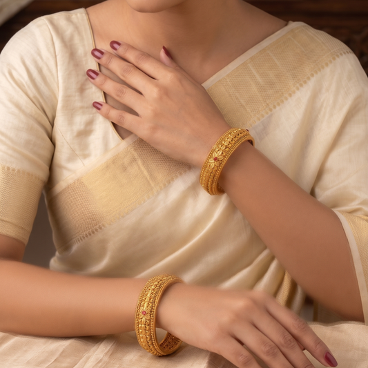 Antique Gold Floral Kada Bangles