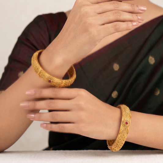 Antique Gold Heart-Motif Nakshi Kadas