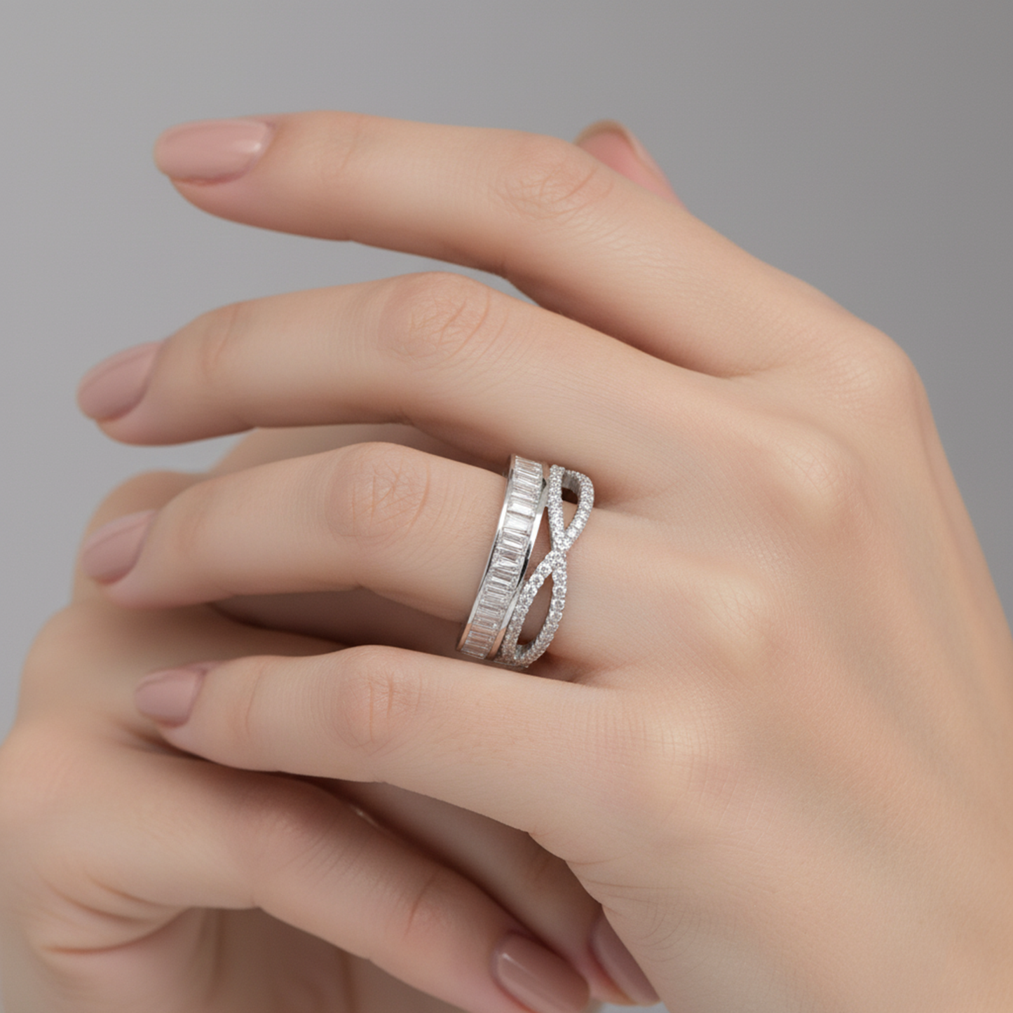 Elegant Criss-Cross Baguette Diamond Look Ring for Women | Designer CZ Stone Ring with Interlocking Band | Silver Tone Party Wear Ring