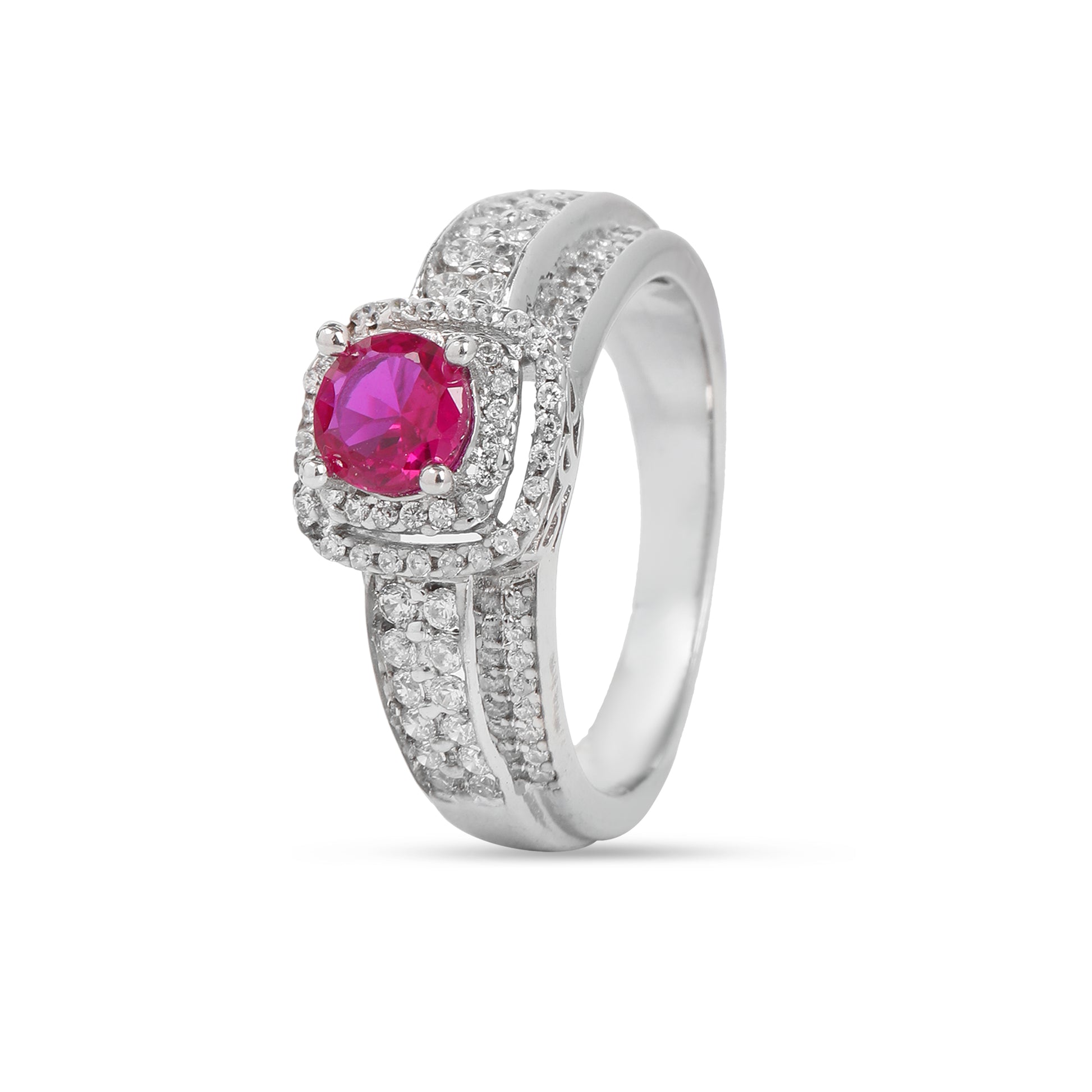 Sterling Silver Pink Gemstone Ring for Women | Halo Design with Cubic Zirconia Accents | Elegant Statement Jewelry