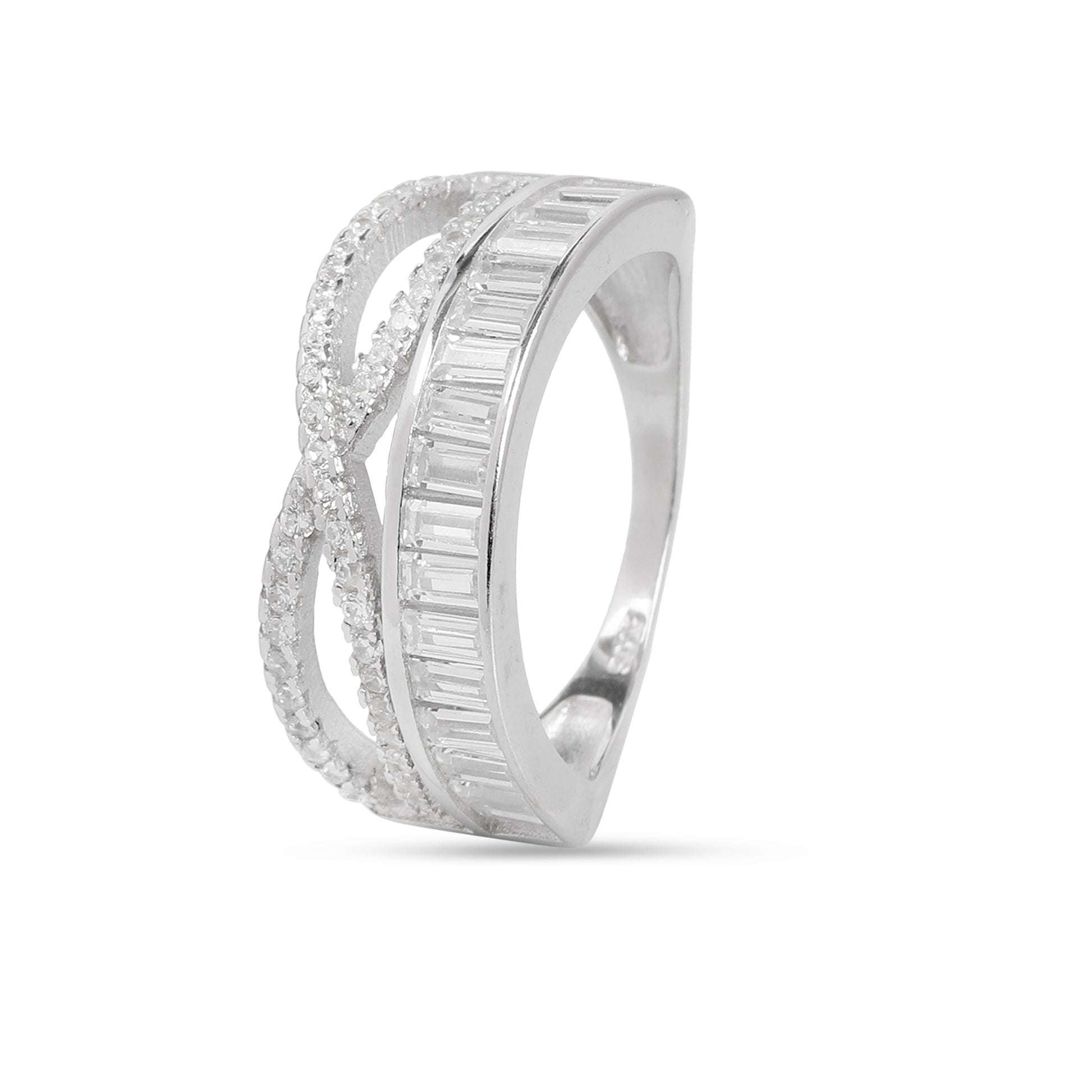 Elegant Criss-Cross Baguette Diamond Look Ring for Women | Designer CZ Stone Ring with Interlocking Band | Silver Tone Party Wear Ring