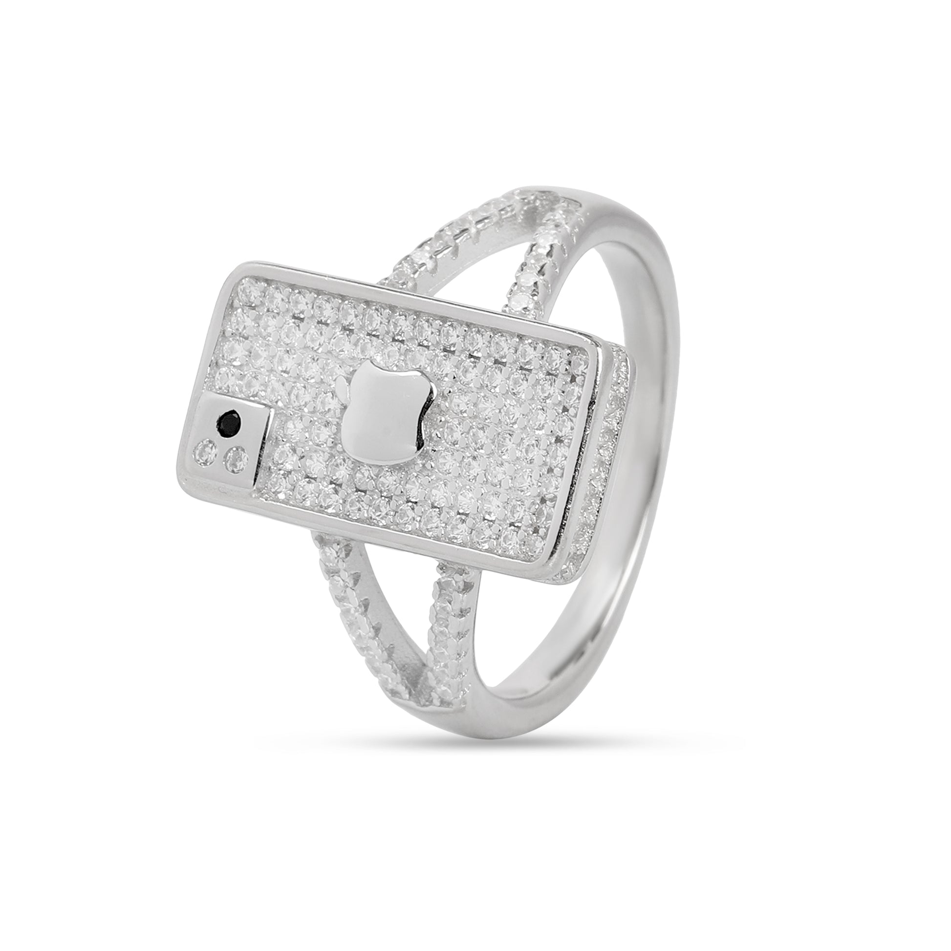 Luxury Rectangle Pave Diamond Look Ring for Women | Apple-Inspired Design Statement Ring with Micro CZ Stones | Silver Tone Party Wear Ring