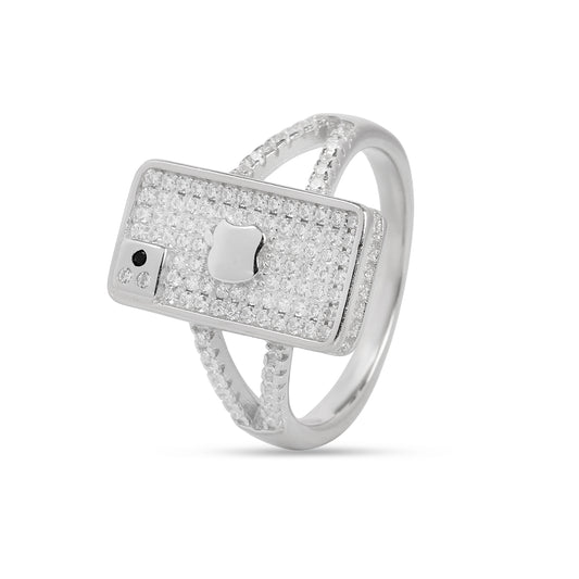 Luxury Rectangle Pave Diamond Look Ring for Women | Apple-Inspired Design Statement Ring with Micro CZ Stones | Silver Tone Party Wear Ring