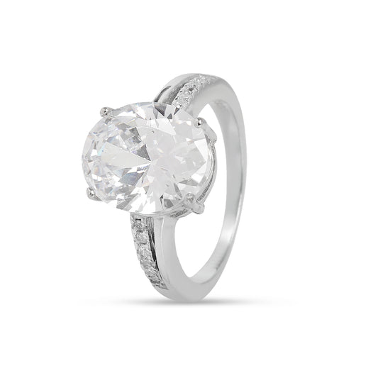 Solitaire Diamond Look Ring for Women | Silver Tone Engagement Ring with Round Brilliant Cut Stone