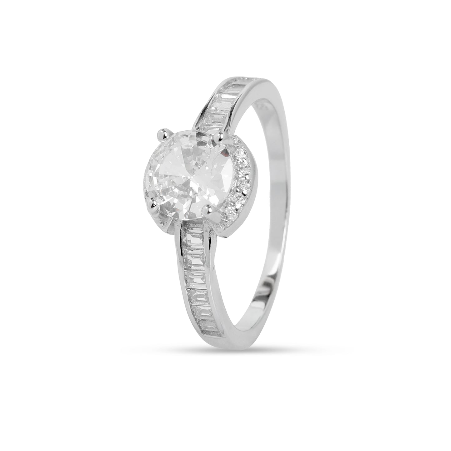 Round Solitaire Ring with Halo & Baguette Side Stones | Silver-Toned CZ Engagement Ring for Women