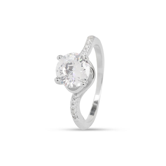Elegant Solitaire Crystal Ring with Side Accents | Silver-Toned Engagement Ring for Women