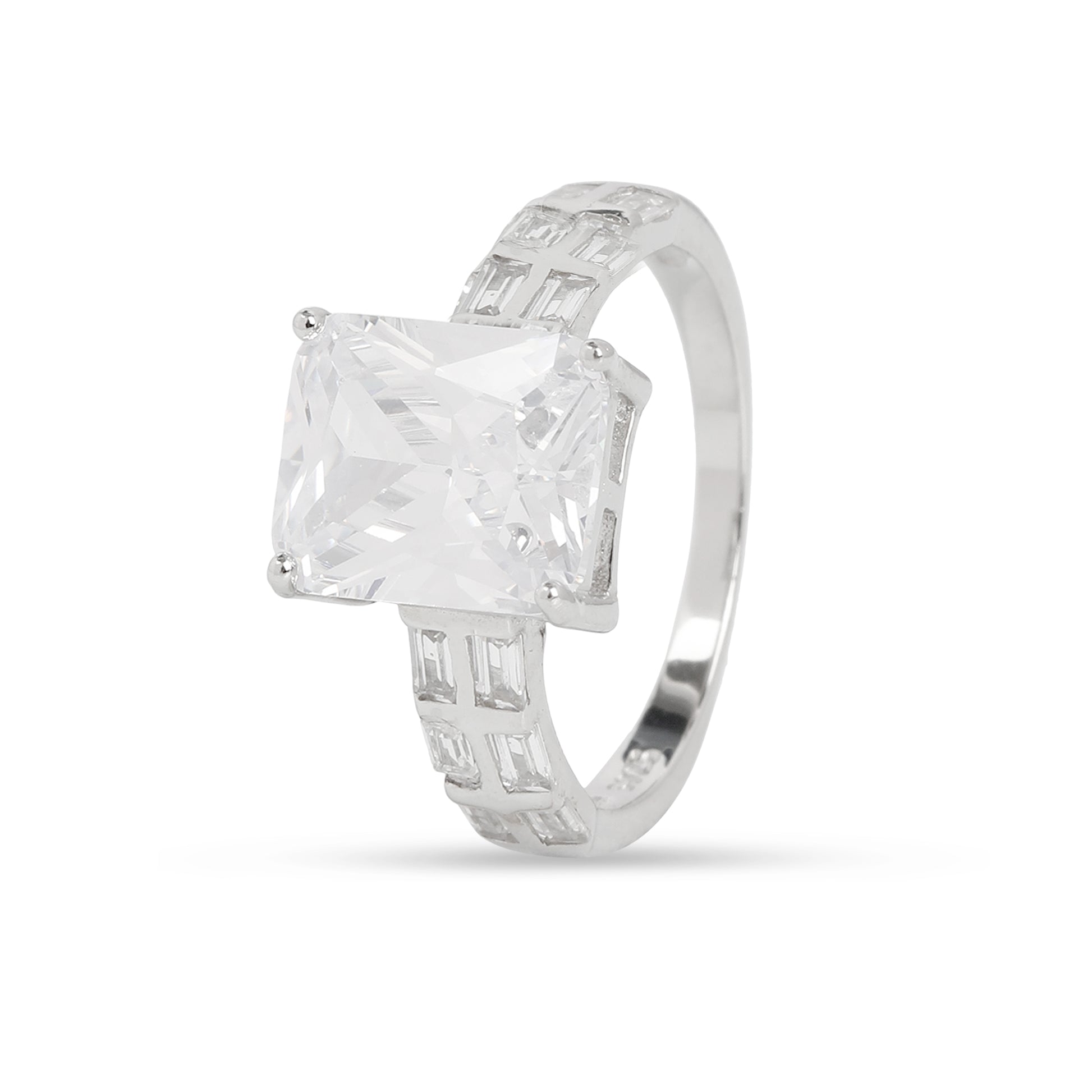 925 Sterling Silver Cushion Cut Solitaire Ring with Baguette Side Stones for Women | Statement CZ Diamond Look Ring