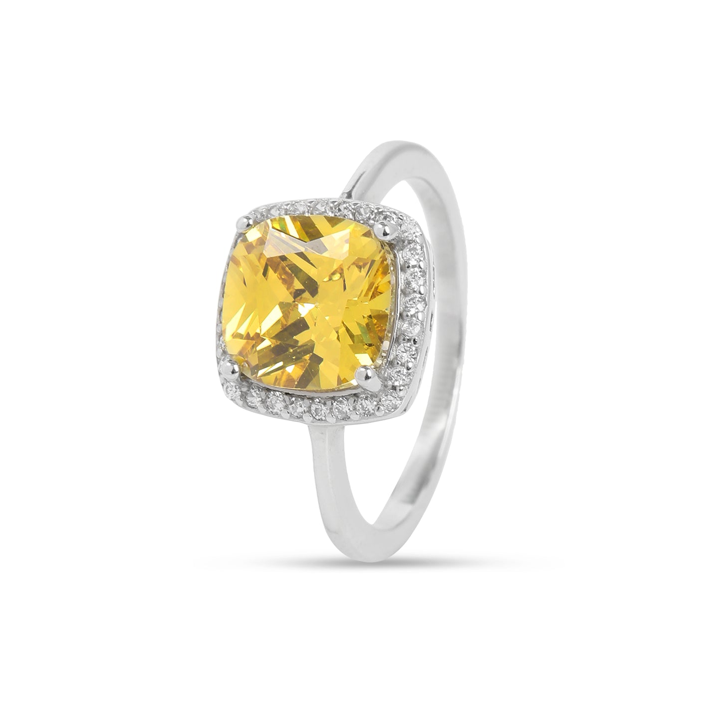 925 Sterling Silver Cushion Cut Yellow Stone Ring for Women | Elegant Halo Design with Cubic Zirconia