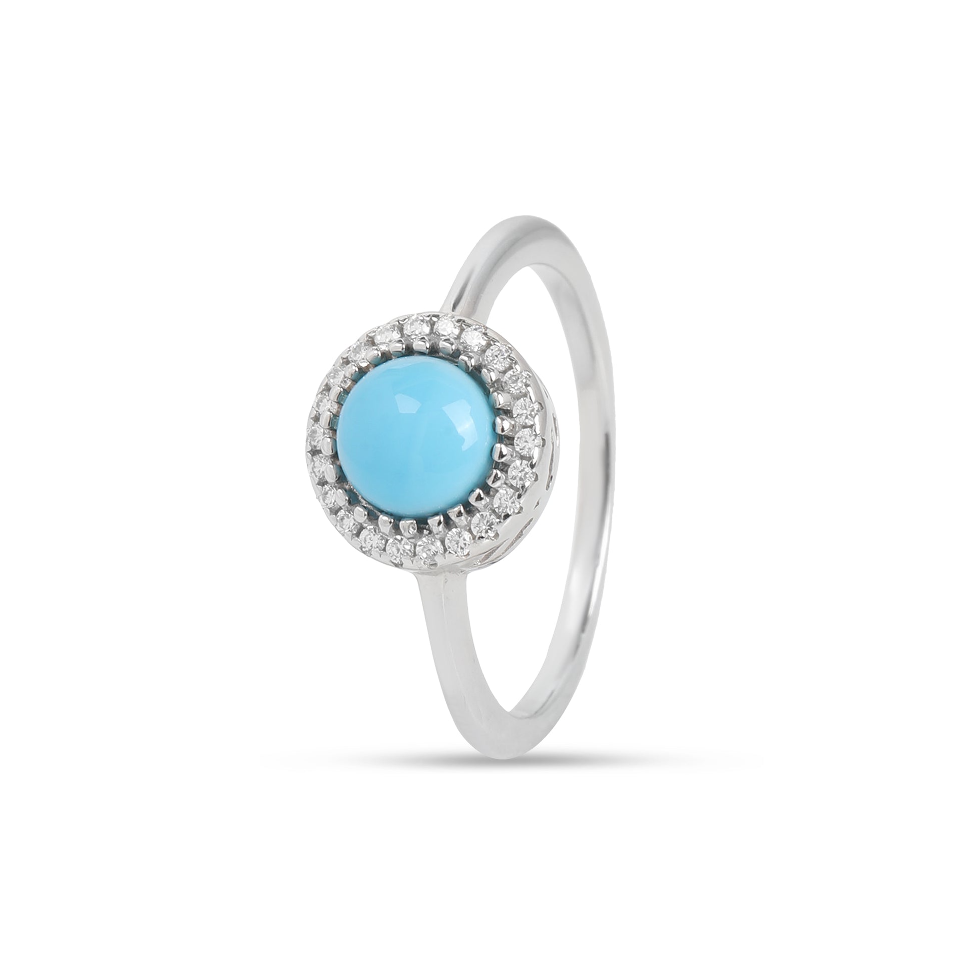 925 Sterling Silver Turquoise Ring with Cubic Zirconia Halo for Women | Round Blue Stone Elegant Ring