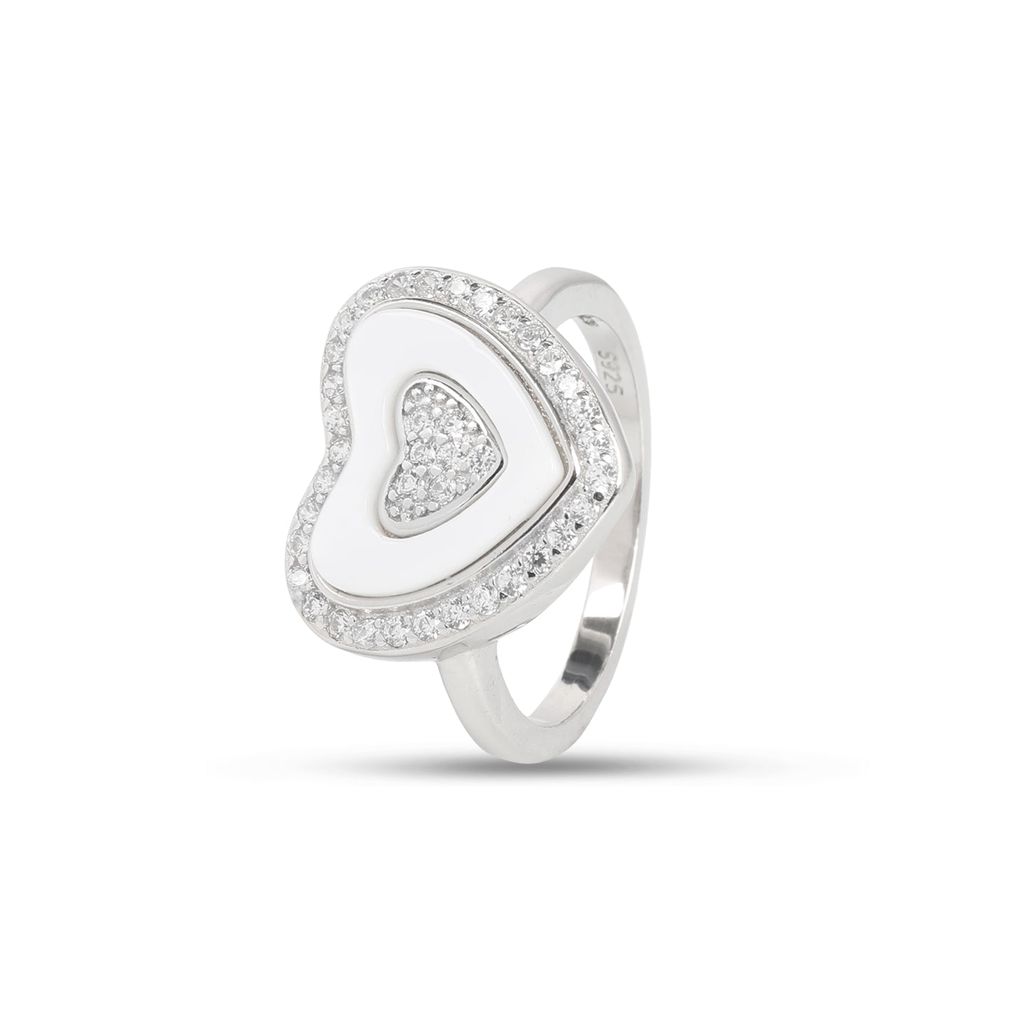 925 Sterling Silver Heart Shape Ring with White Enamel & Cubic Zirconia for Women | Stylish Love Statement Ring