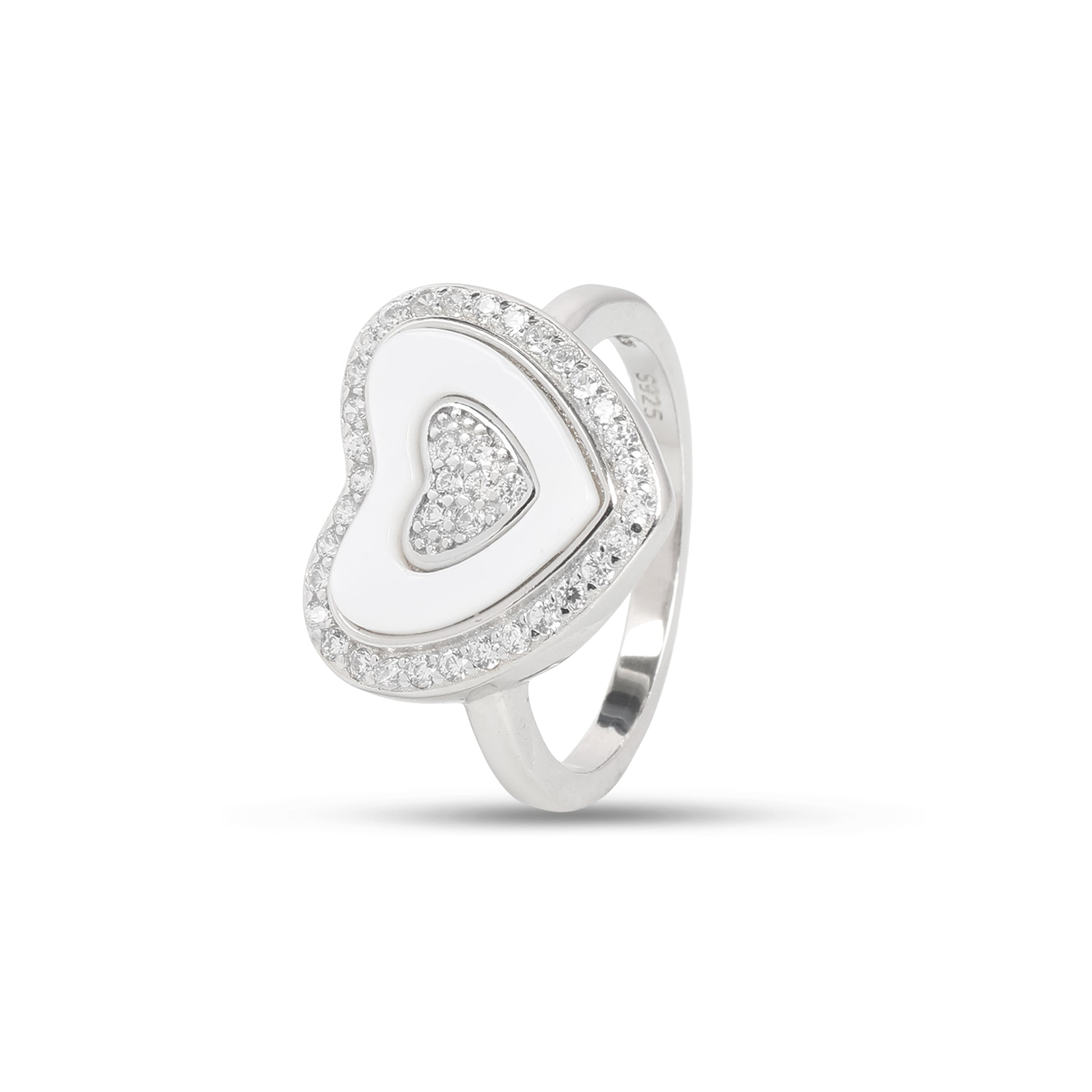 925 Sterling Silver Heart Shape Ring with White Enamel & Cubic Zirconia for Women | Stylish Love Statement Ring