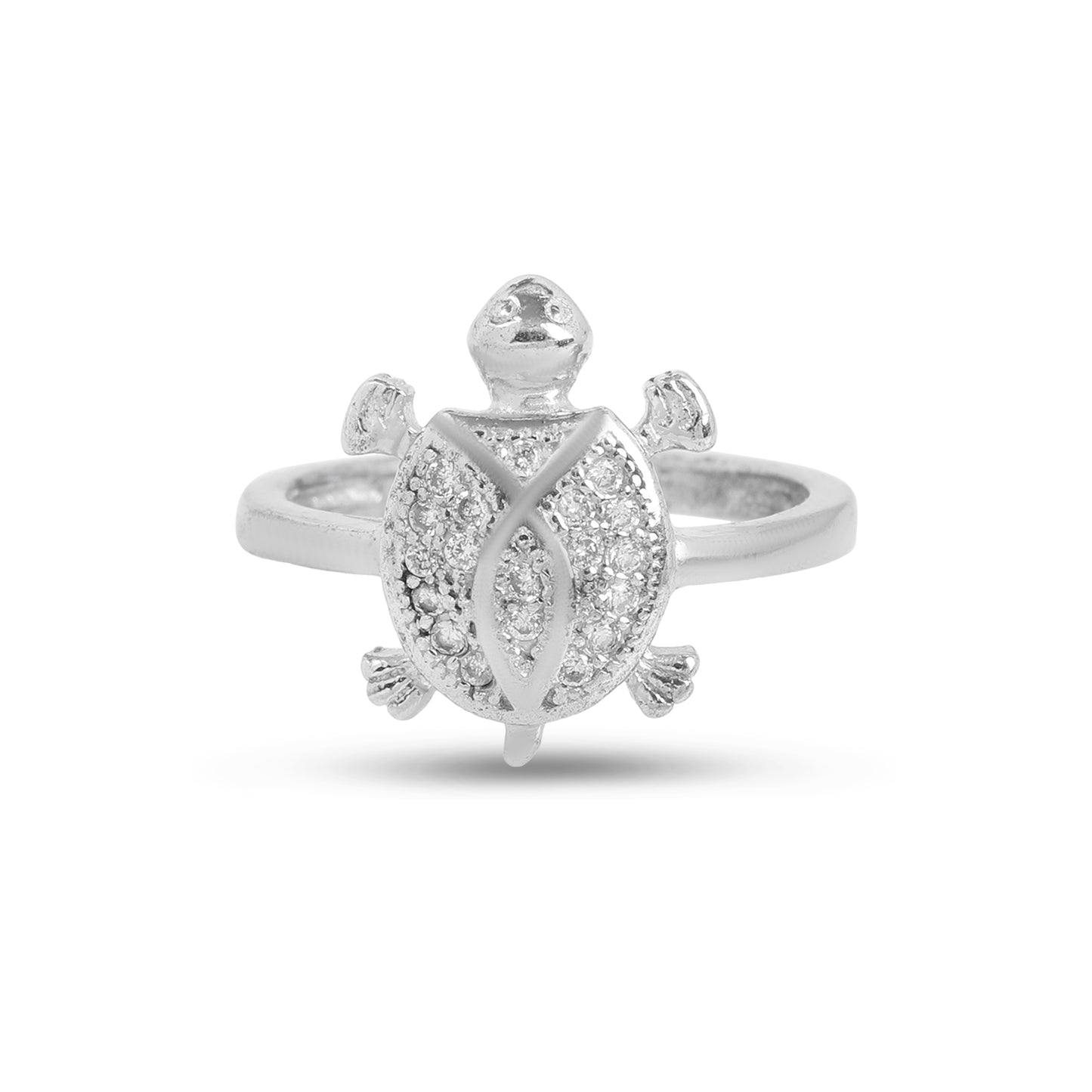 925 Sterling Silver Turtle Ring with Full Cubic Zirconia Studded Shell | Minimal Elegant Animal Design Adjustable Ring for Women & Girls