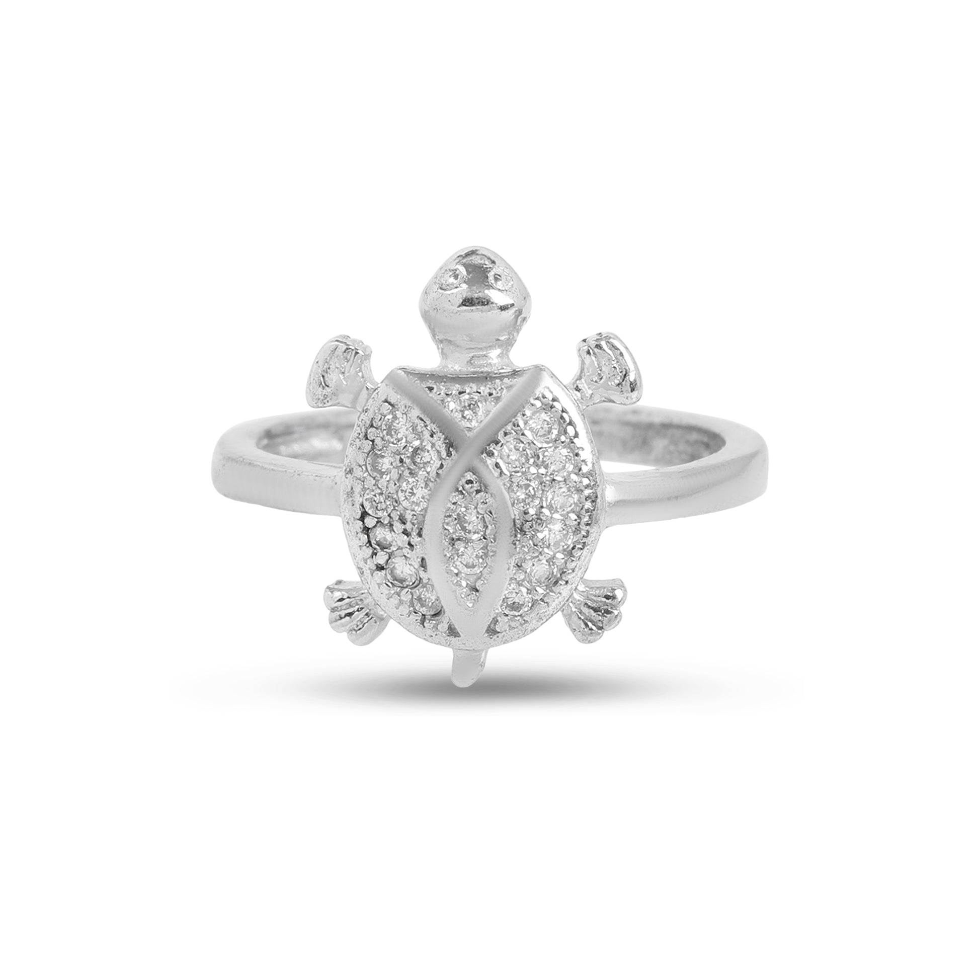 925 Sterling Silver Turtle Ring with Full Cubic Zirconia Studded Shell | Minimal Elegant Animal Design Adjustable Ring for Women & Girls