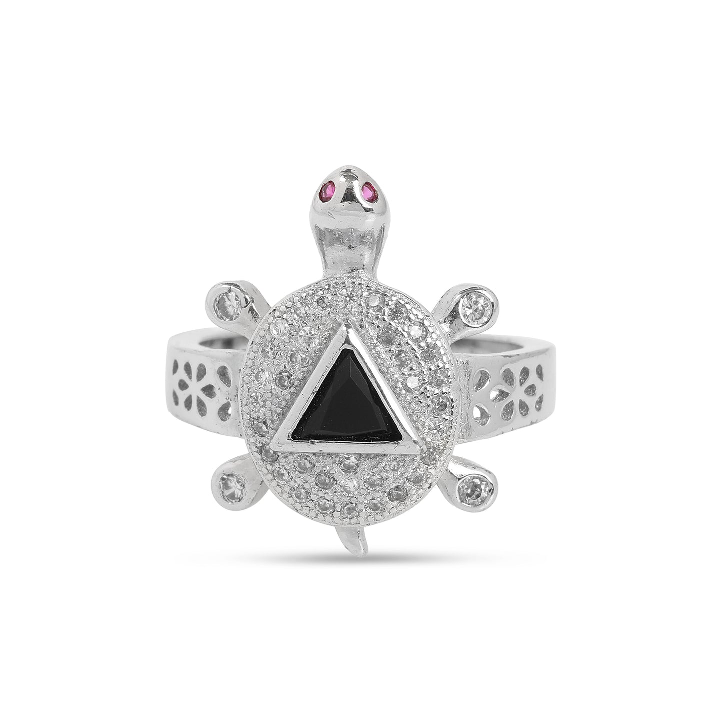 925 Sterling Silver Turtle Design Ring with Black Stone & Cubic Zirconia for Women & Girls