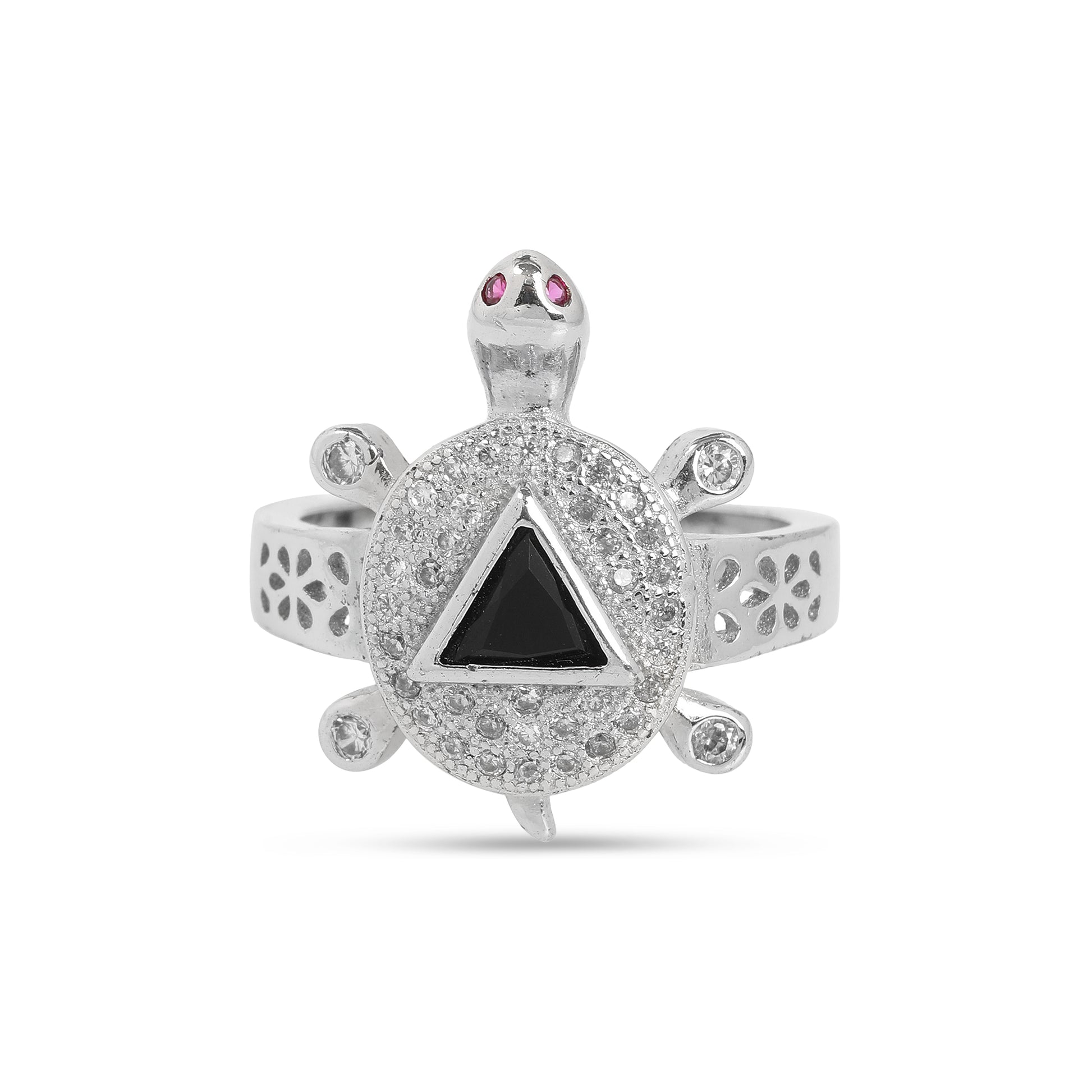 925 Sterling Silver Turtle Design Ring with Black Stone & Cubic Zirconia for Women & Girls