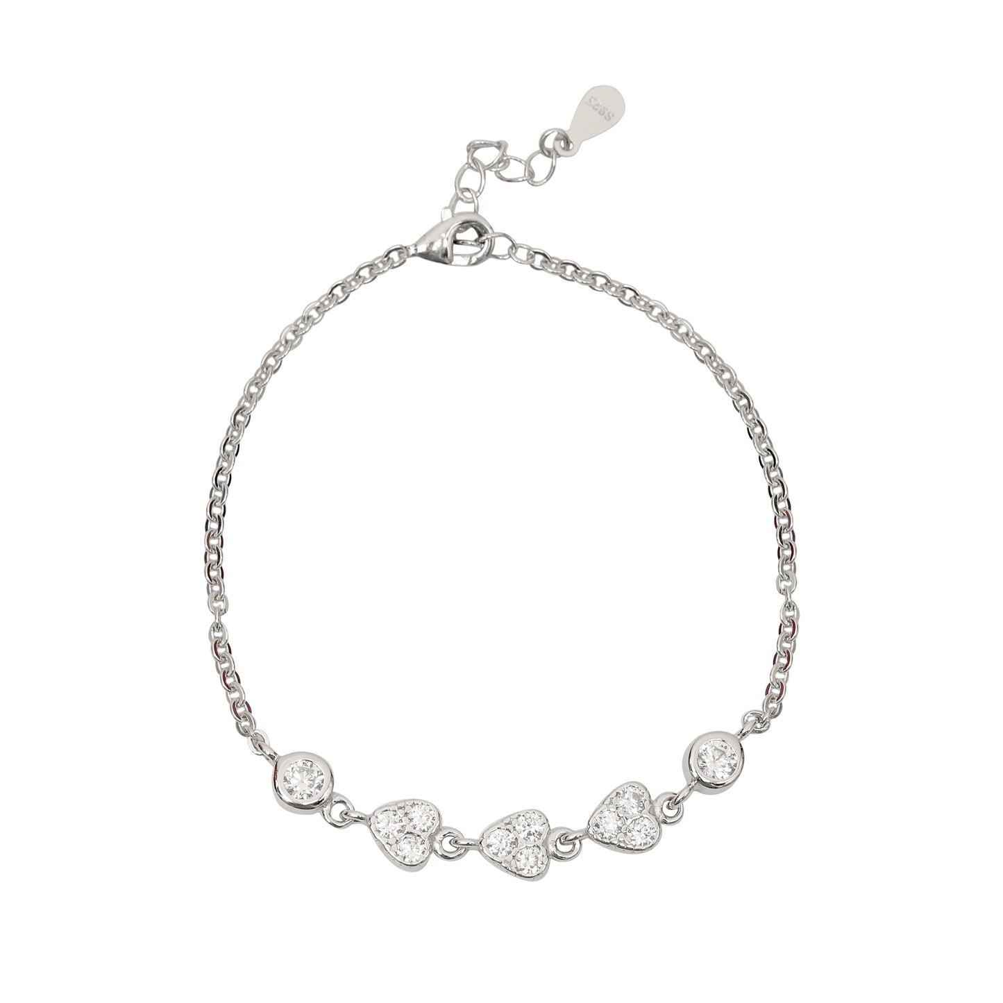 925 Sterling Silver Heart Charm Bracelet with Cubic Zirconia for Women & Girls