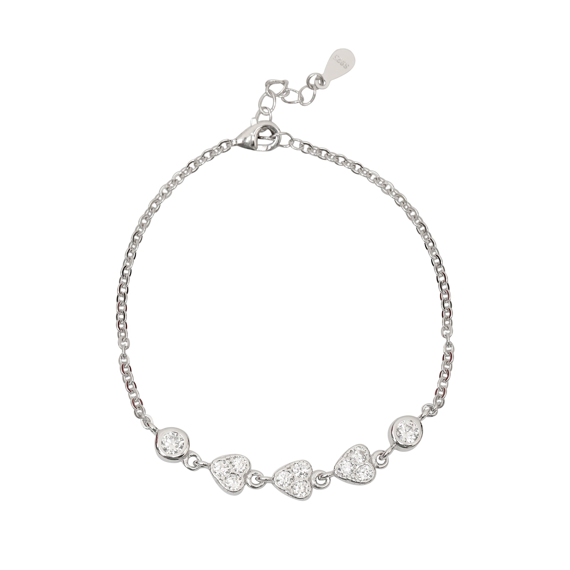 925 Sterling Silver Heart Charm Bracelet with Cubic Zirconia for Women & Girls