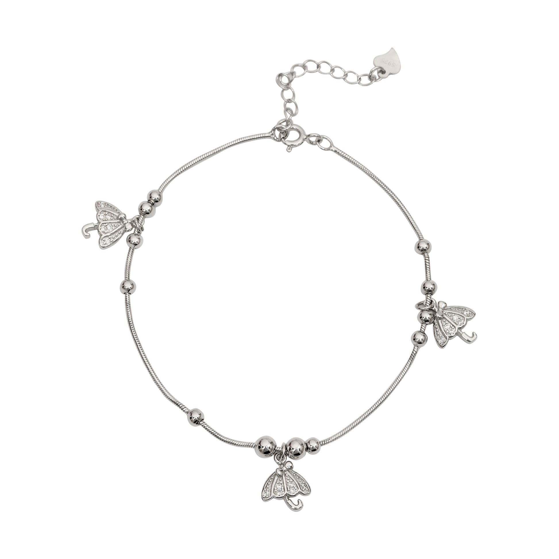 925 Sterling Silver Adjustable Bracelet with Umbrella Charms for Women & Girls
