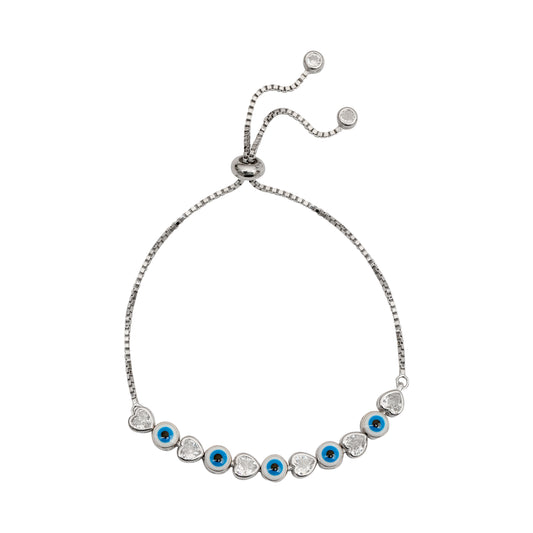 925 Sterling Silver Evil Eye & Heart CZ Adjustable Bracelet for Women & Girls | Blue Eye Protection Charm Bracelet