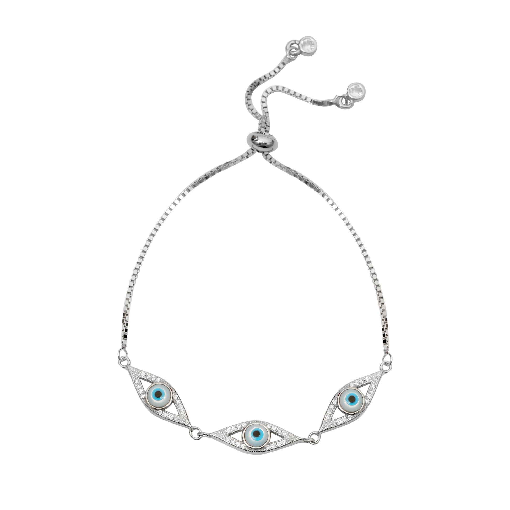 925 Sterling Silver Evil Eye Adjustable Bracelet with Blue CZ Stones for Women & Girls | Protection Charm Bracelet