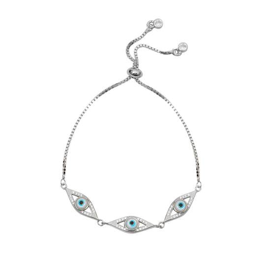 925 Sterling Silver Evil Eye Adjustable Bracelet with Blue CZ Stones for Women & Girls | Protection Charm Bracelet
