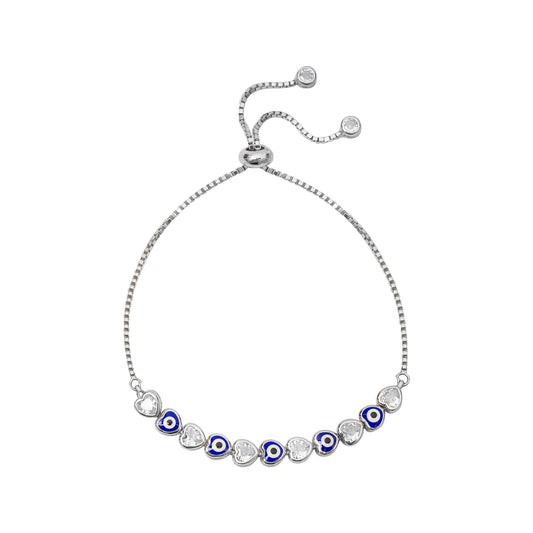 925 Sterling Silver Evil Eye Adjustable Bracelet with Cubic Zirconia Hearts for Women | Protection Charm Jewelry