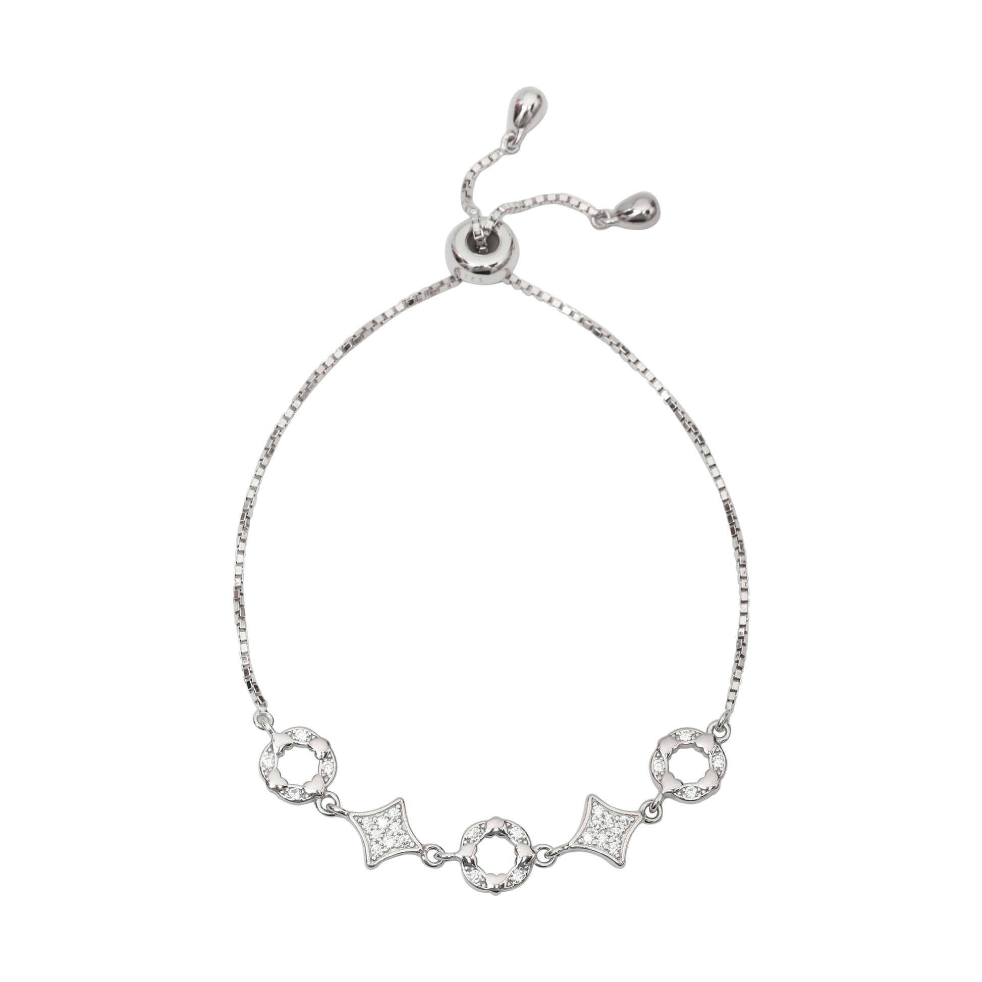 925 Sterling Silver Adjustable Bracelet with Cubic Zirconia Geometric Charms | Elegant Slider Bracelet for Women