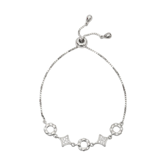 925 Sterling Silver Adjustable Bracelet with Cubic Zirconia Geometric Charms | Elegant Slider Bracelet for Women