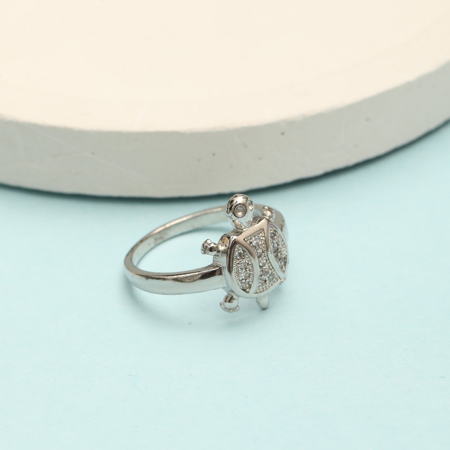 Sterling Silver Turtle Ring with Sparkling Stone Studded Shell | Cute Animal Design Ring for Women & Girls