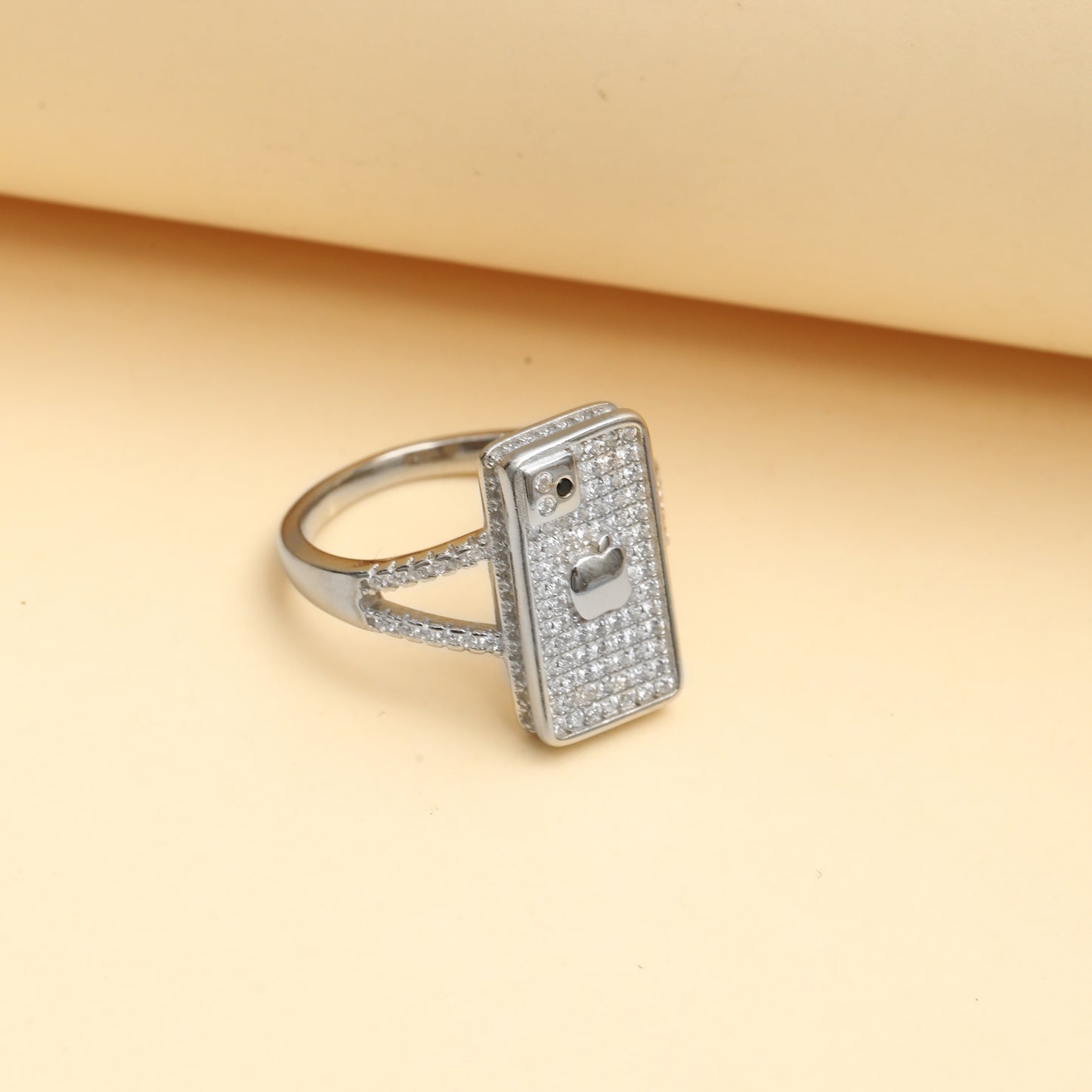 Luxury Rectangle Pave Diamond Look Ring for Women | Apple-Inspired Design Statement Ring with Micro CZ Stones | Silver Tone Party Wear Ring