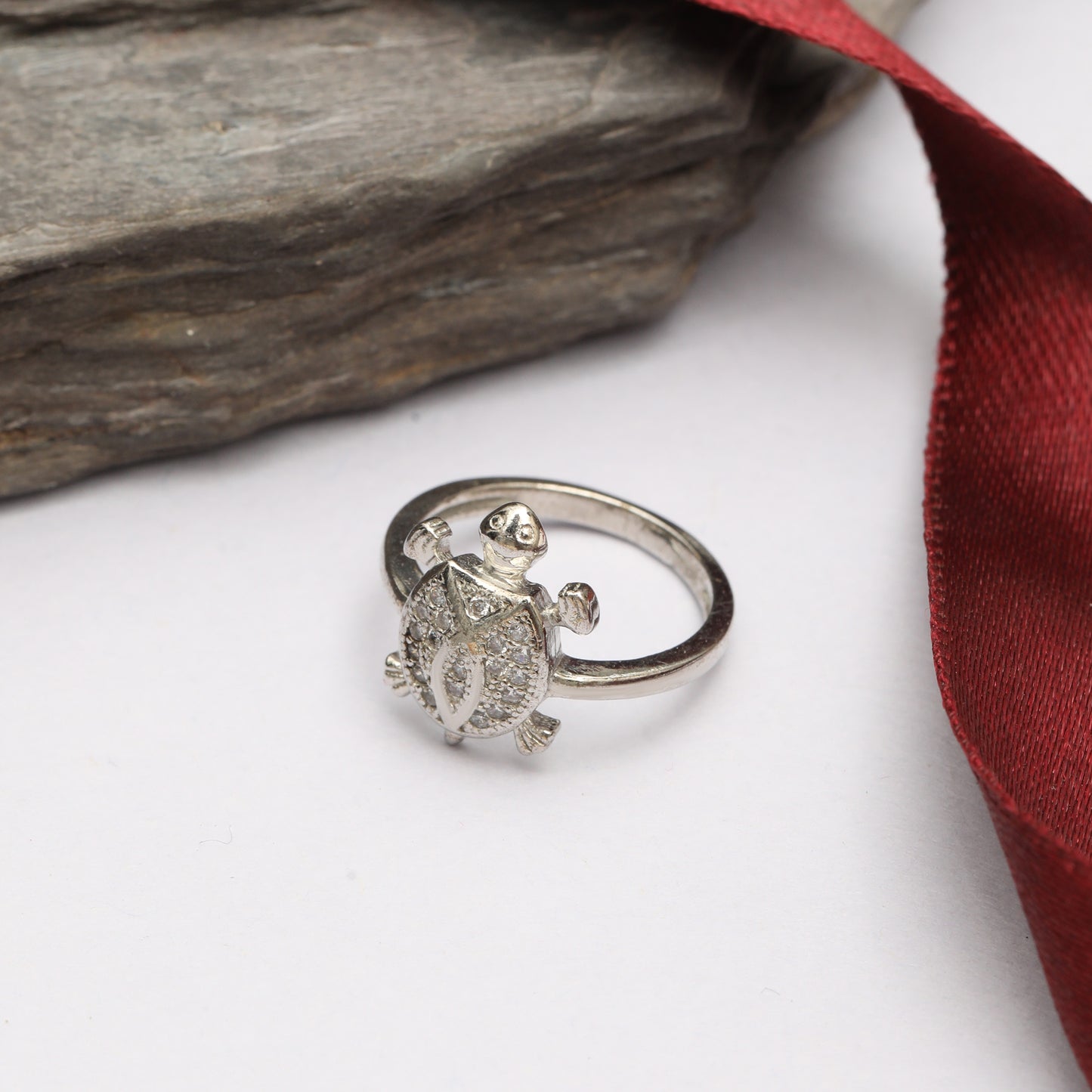 925 Sterling Silver Turtle Ring with Full Cubic Zirconia Studded Shell | Minimal Elegant Animal Design Adjustable Ring for Women & Girls