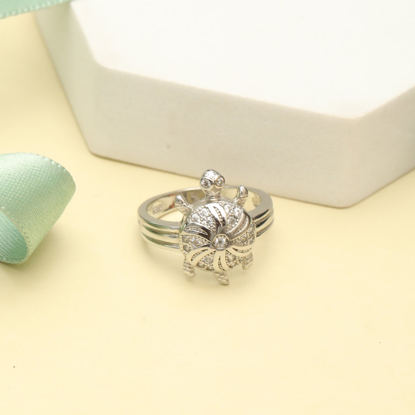 925 Sterling Silver Turtle Floral Design Ring with Cubic Zirconia for Women & Girls