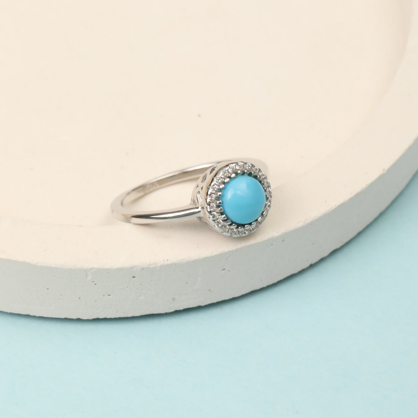 925 Sterling Silver Turquoise Ring with Cubic Zirconia Halo for Women | Round Blue Stone Elegant Ring