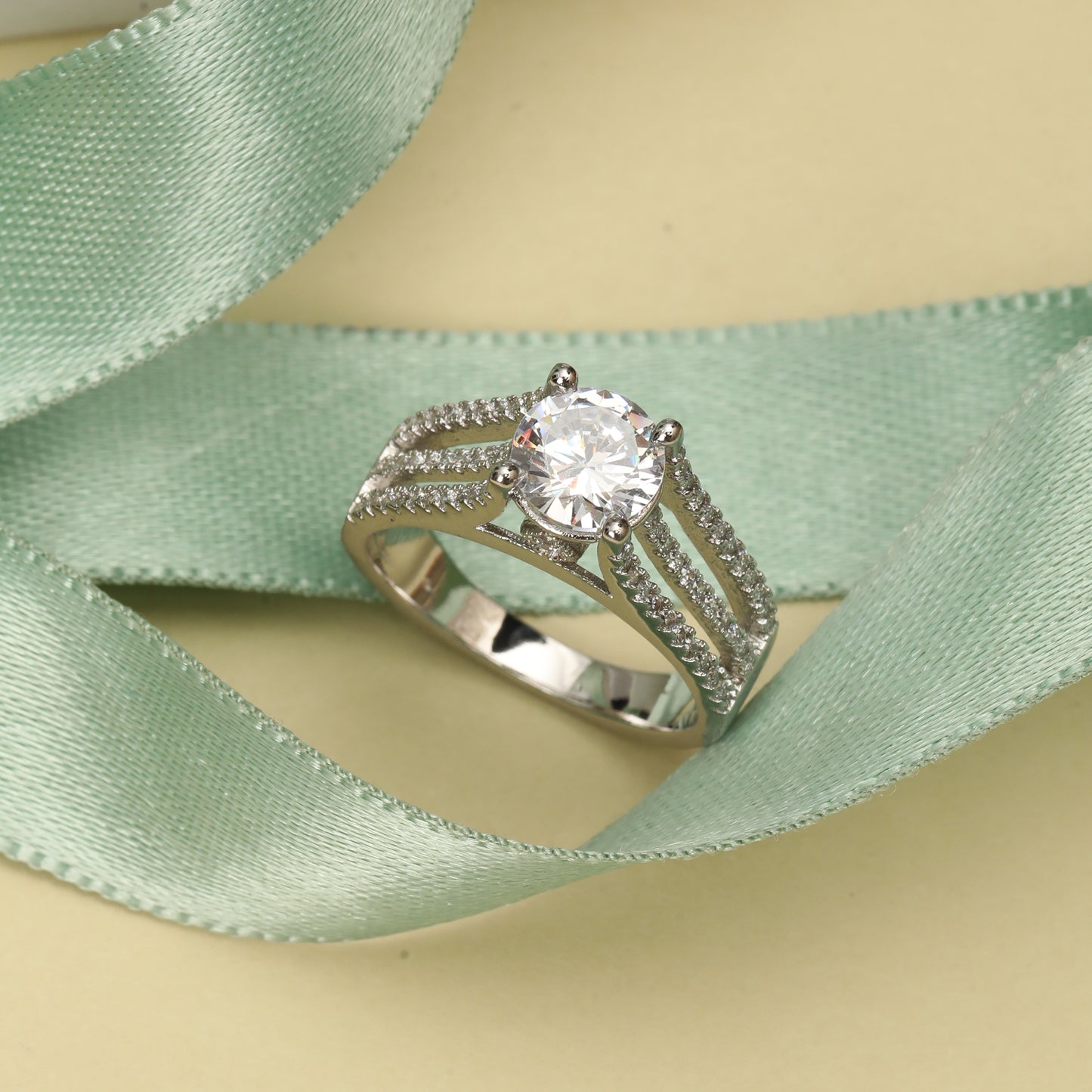 925 Sterling Silver Solitaire Ring with Cubic Zirconia | Multi-Row Pavé Band Engagement Ring for Women