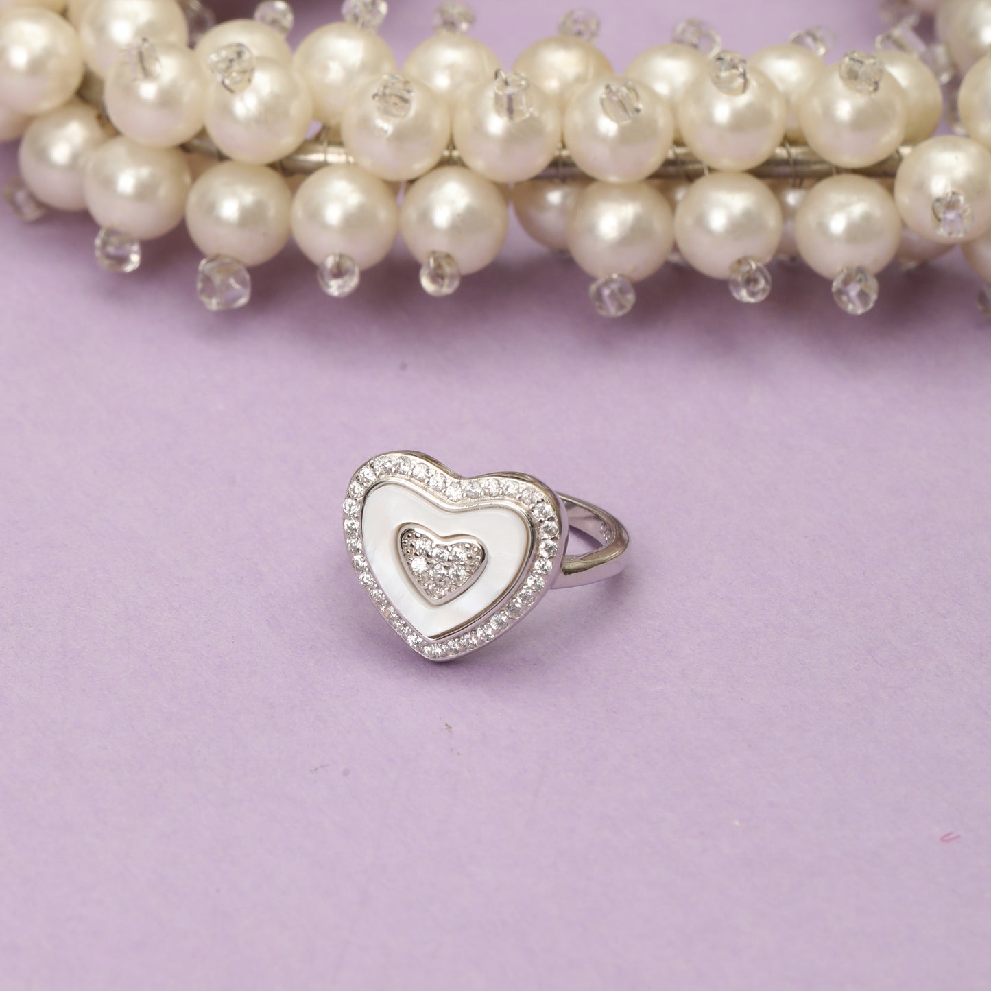 925 Sterling Silver Heart Shape Ring with White Enamel & Cubic Zirconia for Women | Stylish Love Statement Ring