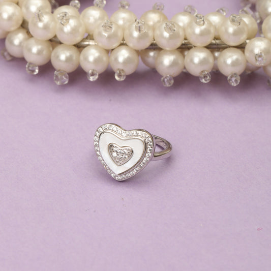 925 Sterling Silver Heart Shape Ring with White Enamel & Cubic Zirconia for Women | Stylish Love Statement Ring