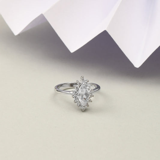 925 Sterling Silver Marquise Diamond Look Ring for Women | Halo CZ Stone Ring with Brilliant Cut | Elegant Engagement & Party Wear Ring