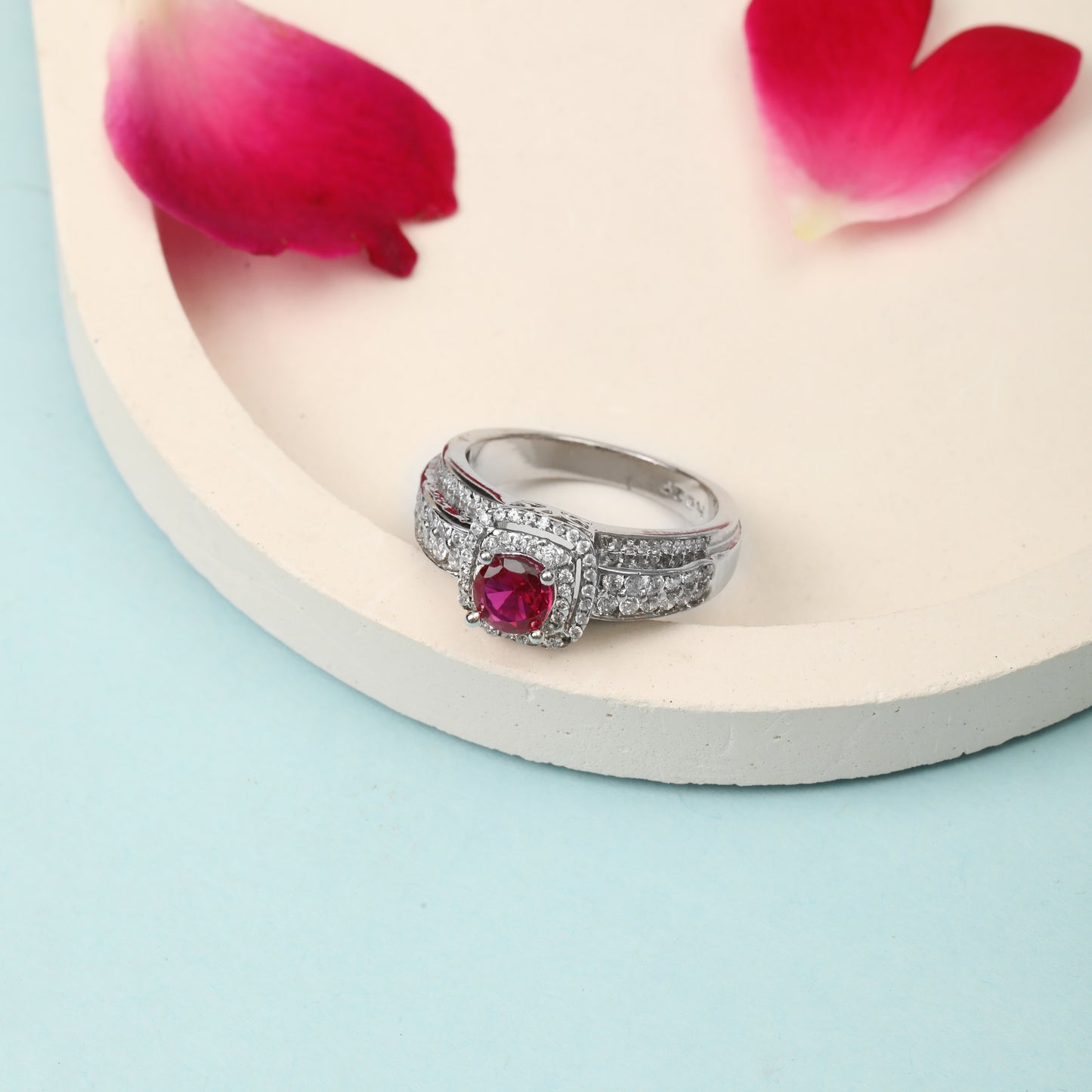 Sterling Silver Pink Gemstone Ring for Women | Halo Design with Cubic Zirconia Accents | Elegant Statement Jewelry