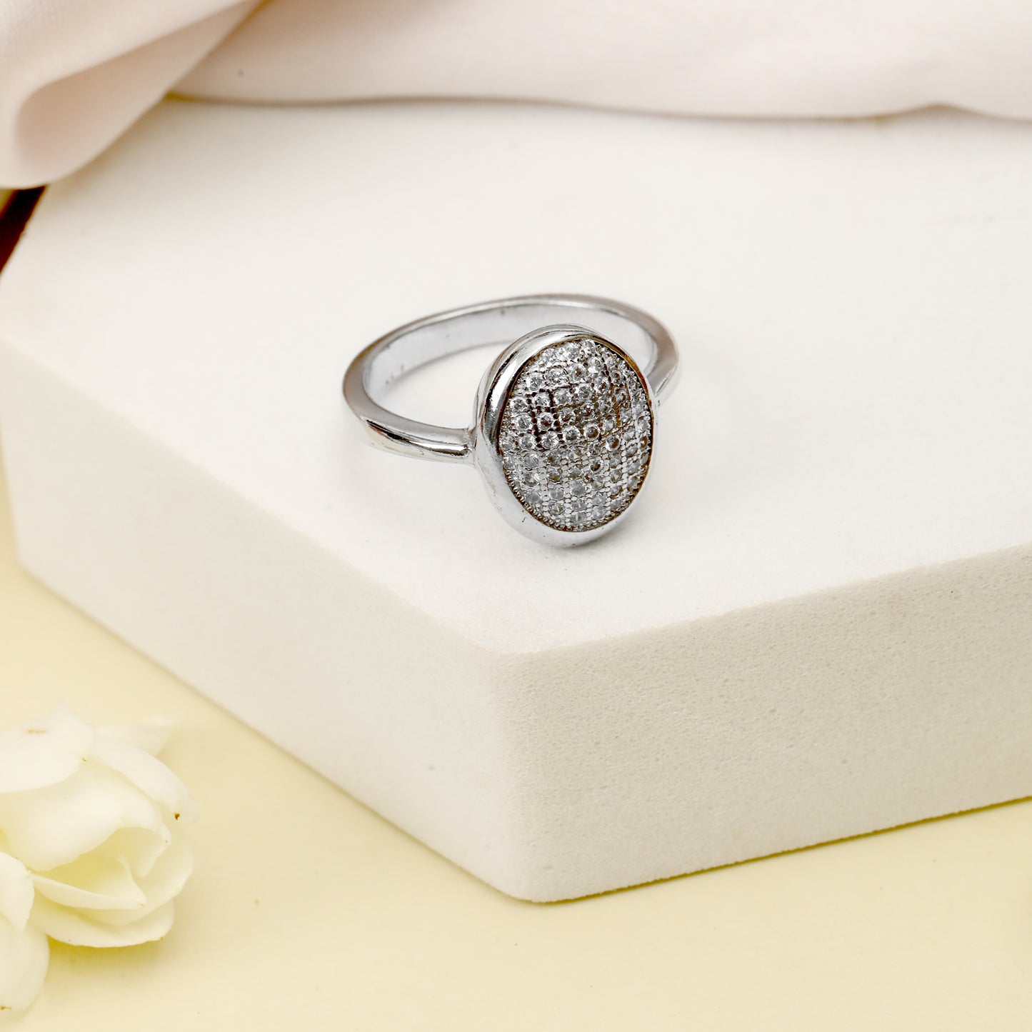 Oval Pave Diamond Look Ring for Women | Silver Tone Cluster Ring with Micro CZ Stones | Party & Daily Wear